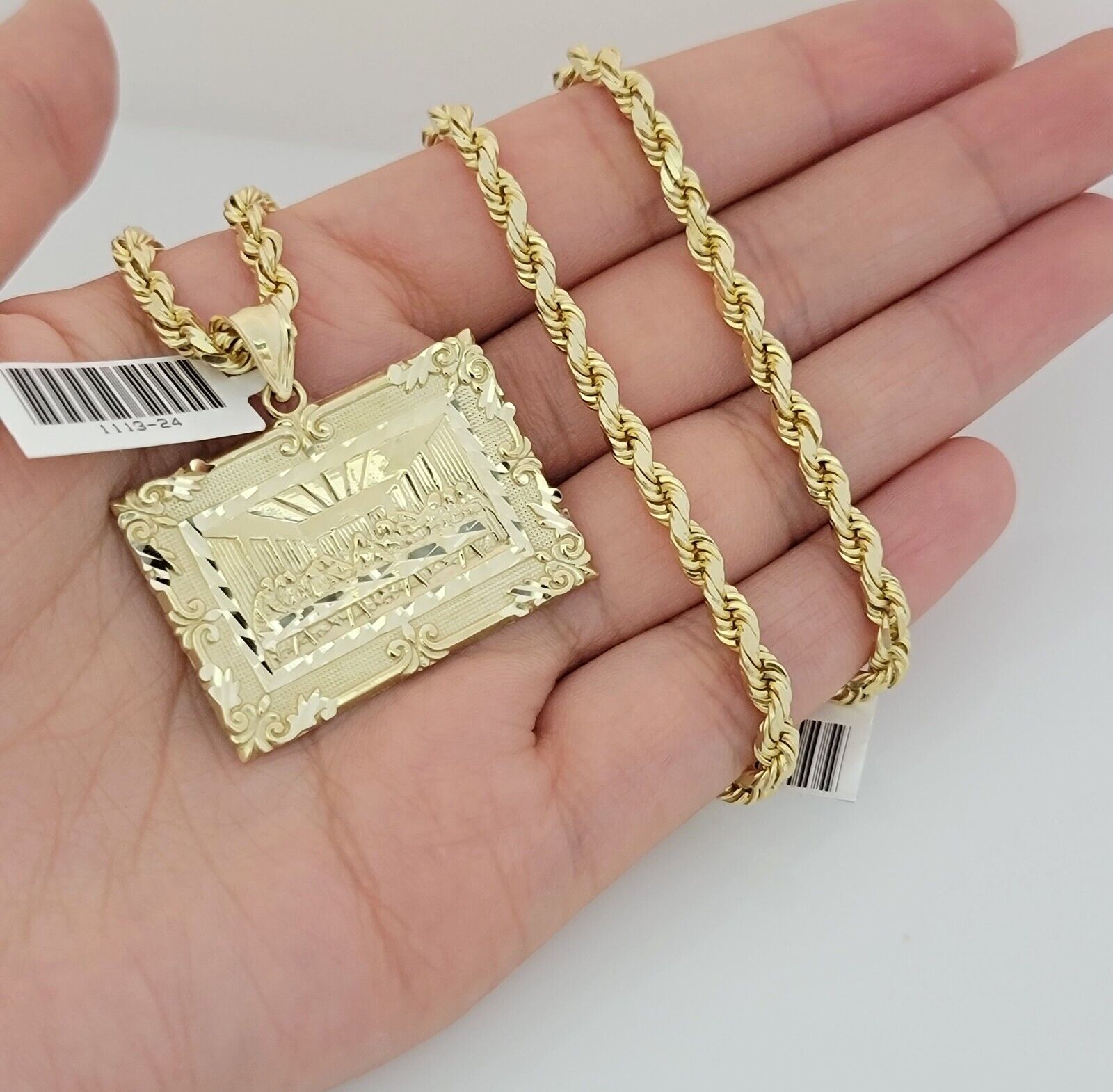 Real 10k Gold Chain Solid Rope Necklace Pendant SET Last supper Charm 4mm 24"